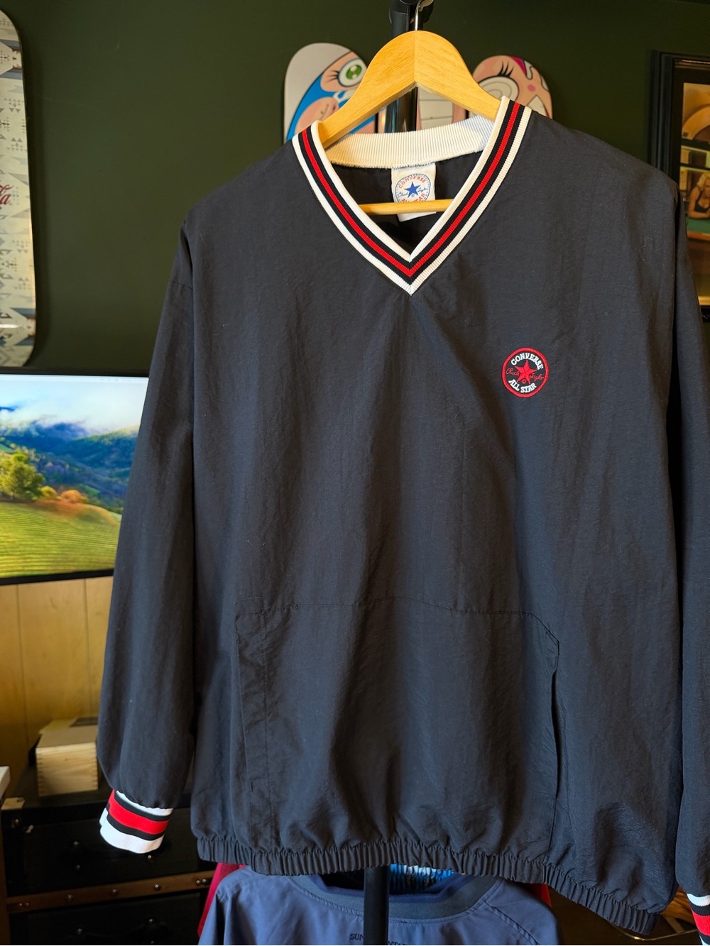 Converse V-Neck Windbreaker Pullover Hoodie Sweater Red & White Trim- Size Large